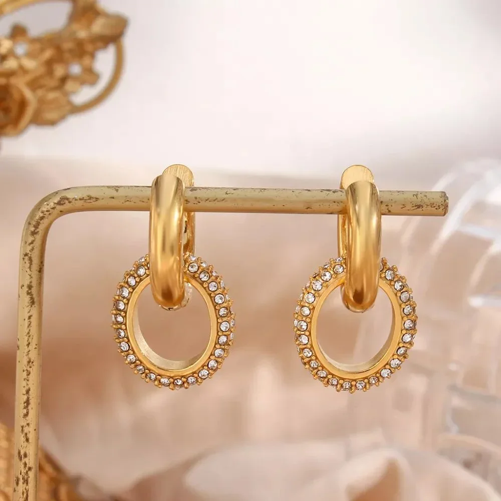 Chunky Micro Pave Zircon Double Hoop Earrings 18K Gold Plated Stainless Steel - Picture 1 of 10